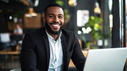 Fototapeta premium A successful entrepreneur smiling as they close their laptop after finalizing a big deal.