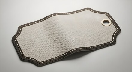 Elegant Off-White Leather Tag with Brown Stitching Mockup