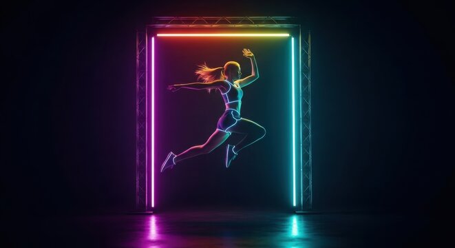 A female athlete gracefully leaps through a glowing neon square framed by vibrant purple and teal lights