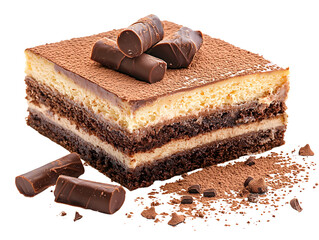 Delicious layered chocolate and vanilla cake slice with chocolate curls and cocoa powder on white background perfect for desserts and sweet treats imagery