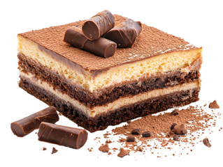 Delicious layered chocolate and vanilla cake slice with chocolate curls and cocoa powder on white background perfect for desserts and sweet treats imagery