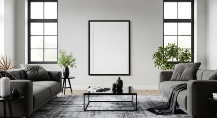 Modern Living Room Interior with Black Sofa, Large Mockup Frame, and Stylish Decor