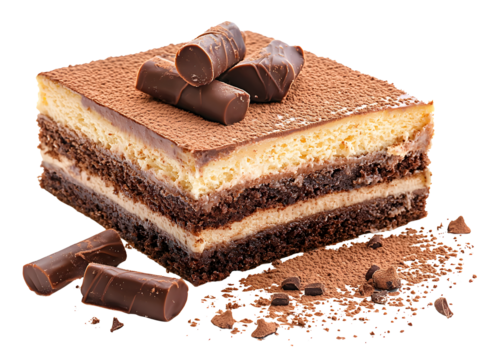 Delicious layered chocolate and vanilla cake slice with chocolate curls and cocoa powder on white background perfect for desserts and sweet treats imagery