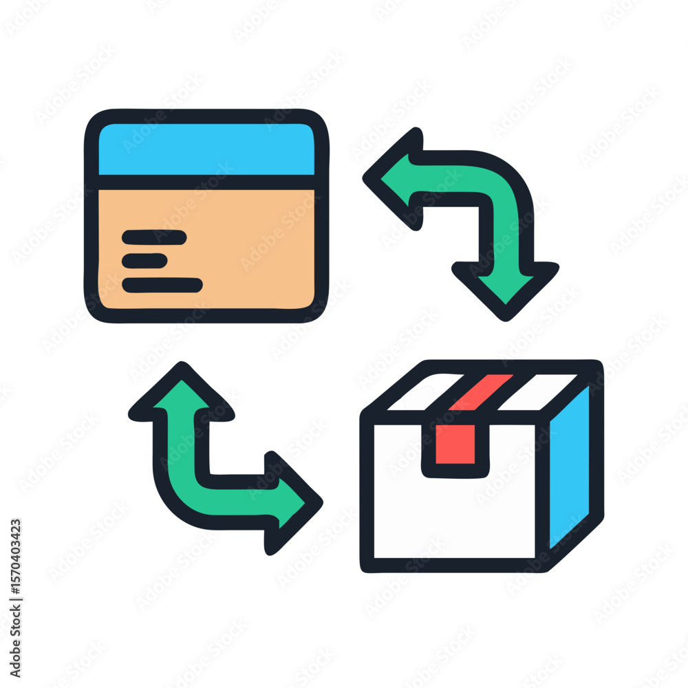 Poster return and exchange service concept with box and arrows