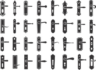 Vintage door handle vector set, classic keyhole silhouettes, antique lock designs, black decorative metal hardware, old style illustrations