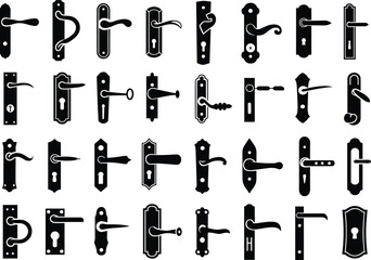 Vintage door handle silhouette set, classic lock keyhole designs, antique vector illustration, black decorative hardware, home interior elements