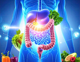 Human digestive system with healthy foods