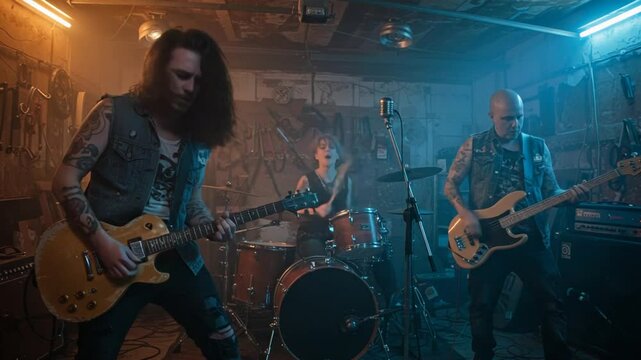 Band performing live in a garage with instruments