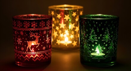 Warm Festive Candlelight:  Three etched glass candle holders; red reindeer, gold stars, green trees; Christmas mood, cozy ambiance, holiday spirit.