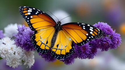Obraz premium Monarch butterfly on purple flowers, garden bokeh