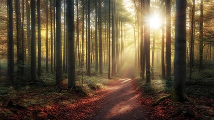 Fototapeta premium Sunlit path through autumn forest with fallen leaves and tall tree trunks