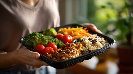 Woman holding a large black plastic meal container with a balanced portion of steamed broccoli, cherry tomatoes, shredded carrots, seasoned rice, and a hearty plant-based chili near a window
