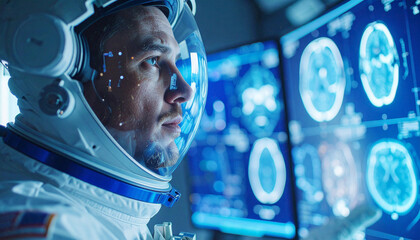 Astronaut Observing Advanced Data: An astronaut, adorned in a pristine spacesuit, gazes intently at detailed medical scans and scientific data displays, signifying a critical moment of analysis.