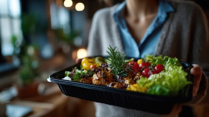 Close-up of a woman in casual clothing holding a black plastic container filled with a vibrant mixed salad featuring lettuce, cherry tomatoes, grilled vegetables, and herbs indoors
