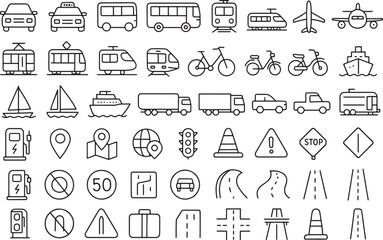A Comprehensive Line Art Icon Set for Transportation, Traffic, and Travel