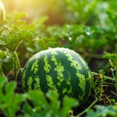 Ripe watermelons growing in a field on a sunny day with warm, golden light illuminating the farm.