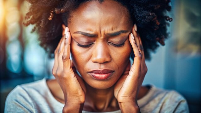 Tired Black Woman Relieving Headache with Self-Massage