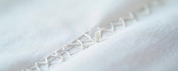 Pristine White Fabric Close-up of Delicate Hand-Stitching, Highlighting Exquisite Needlework and Clean Bright Threads. Ideal for Crafting, Sewing, and Textile Projects.