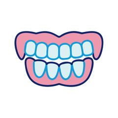 Cartoon denture with pink gums and blue outline on White
