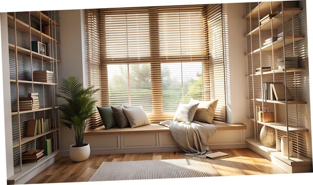 Cozy reading nook with bay window bookshelves and natural light - Powered by Adobe