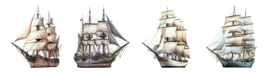 Vintage Sailing Ships Collection with Detailed Sail Designs and Masts, PNG bundle collection, Isolated on Transparent Background