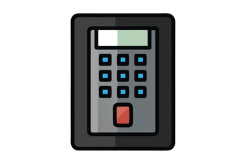 Stylized icon of a digital keypad with a screen and button