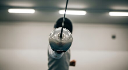 Fencing Foil Point-of-View: Metallic Weapon Against Bright, Modern Arena