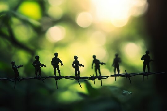Silhouette of miniature soldiers on barbed wire.