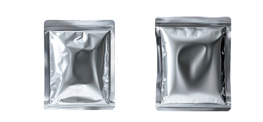 Two identical, empty, silver, foil pouches