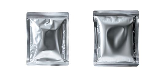 Two identical, empty, silver, foil pouches