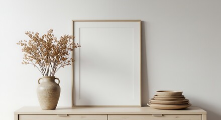 Minimalist Interior Composition: Blank Frame, Dried Flowers, and Earthy Tableware