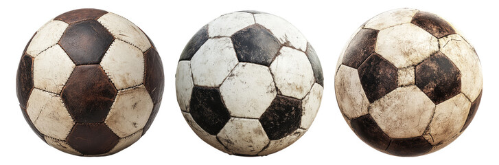 Vintage Soccer Balls with Weathered Texture and Unique Patterns, PNG bundle collection, Isolated on Transparent Background