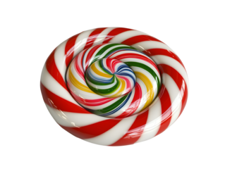 Colorful Swirl Hard Candy Lollipop with Red and White Striped Outer Layer and Multi-Colored Inner Spiral Design on White Background