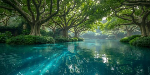 Obraz premium Serene Forest River with Giant Trees