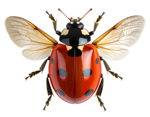 Close-up Top View of Ladybug with Spread Wings Ready to Fly, isolated on a transparent background