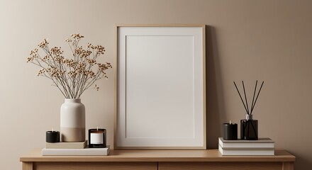 Minimalist interior with blank frame, vase with dried flowers, candles, and diffuser on wooden cabinet