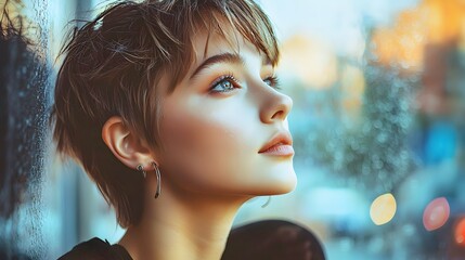 Young woman with short hair gazes thoughtfully out of a window, reflecting on life.