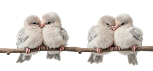 Two pairs of light-gray baby birds cuddling on a branch
