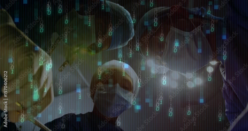 Poster male surgeon inserting scalpel under lamp triggers animated binary code overlay guiding incision