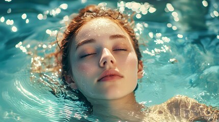 Serene young woman with wavy hair submerged in clear blue water, lost in blissful tranquility.