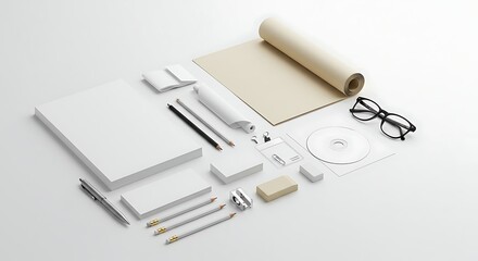 Minimalist stationery mockup featuring paper, pencils, and glasses on a white surface