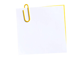 Blank paper sheet with yellow paperclip on Isolated transparent background