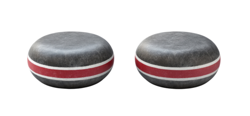 Two gray, round objects with red bands