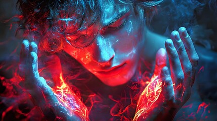 A young male with striking features harnessing glowing energy with his hands.