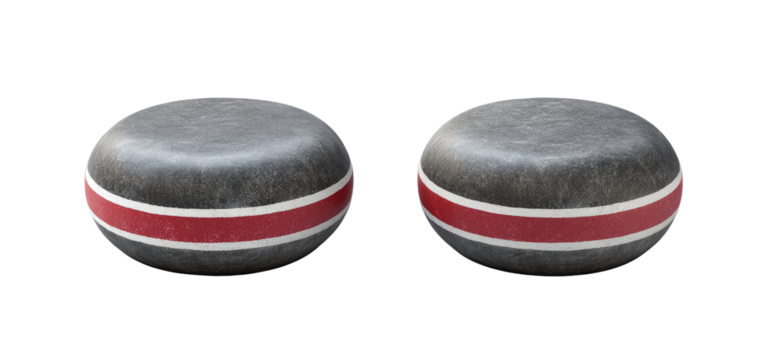 Two gray, round objects with red bands