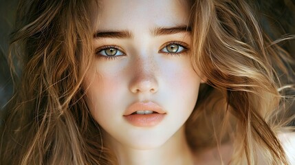Close-up portrait of a young woman with flowing hair and striking green eyes.