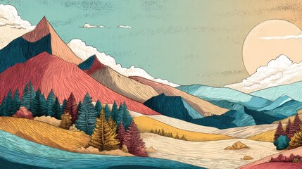 Abstract Hand-Drawn Mountainscape Illustration