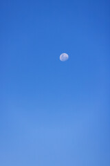 A minimalistic view of the moon on a bright blue sky sunny day.