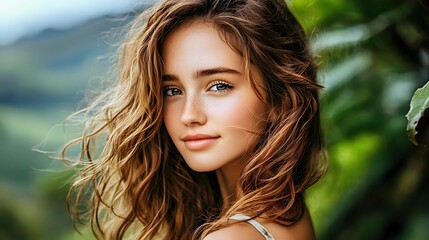 Young woman with wavy hair and glowing skin in a lush green setting.