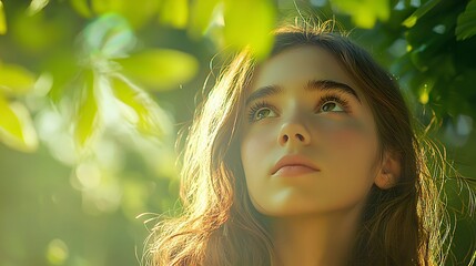 Young woman with long brown hair gazes upward among vibrant green leaves.
